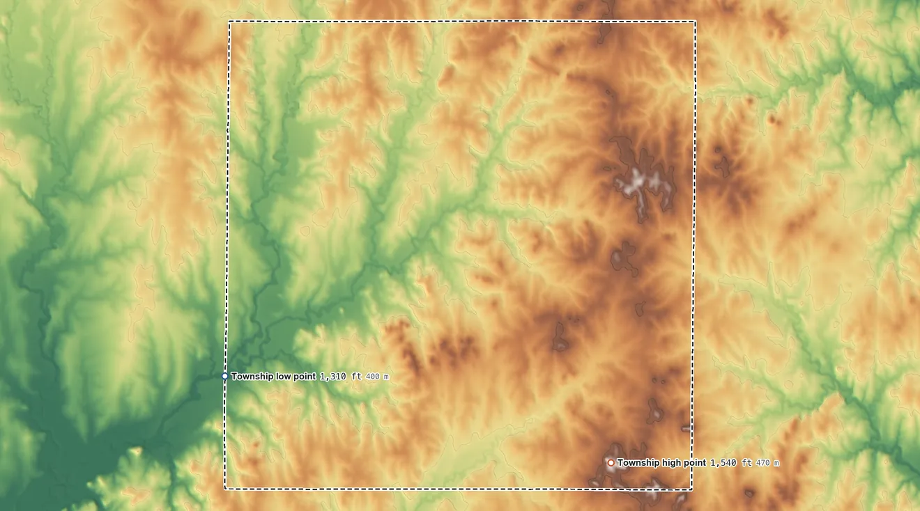 Topographic elevation map of Sherman Township, Ottawa County, Kansas, shaded from 1,310 ft on the southwest side to 1,540 ft on the southeast side