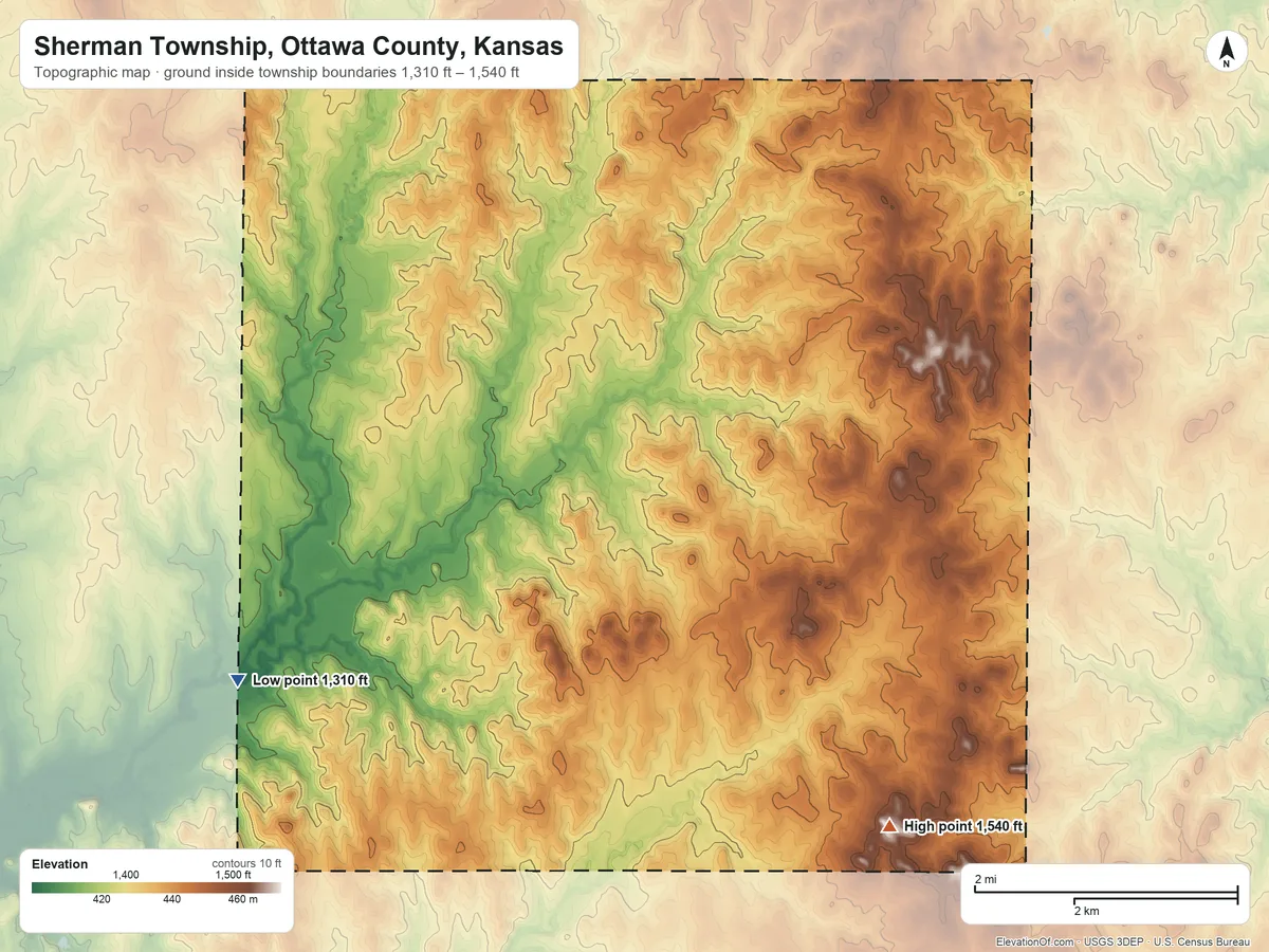 Topographic elevation map of Sherman Township, Ottawa County, Kansas, shaded from 1,310 ft on the southwest side to 1,540 ft on the southeast side