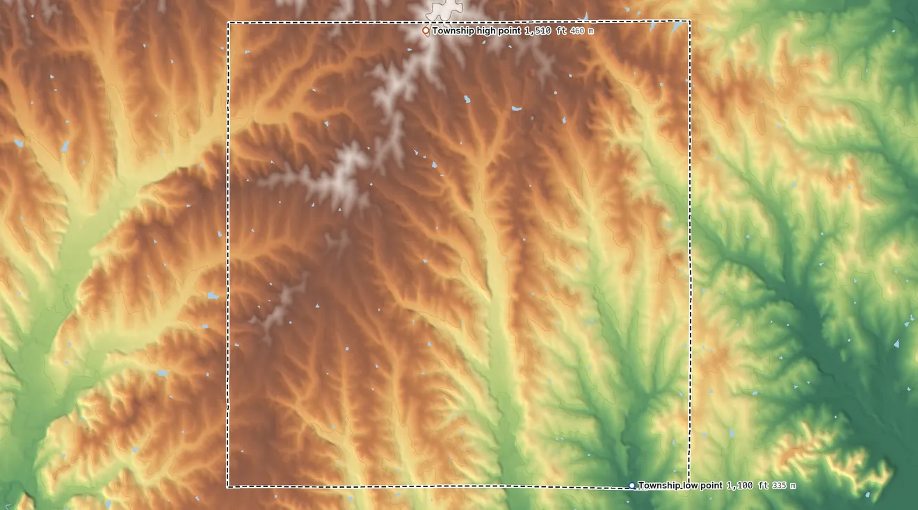 Topographic elevation map of Sherman Township, Pottawatomie County, Kansas, shaded from 1,100 ft on the southeast side to 1,510 ft on the north side
