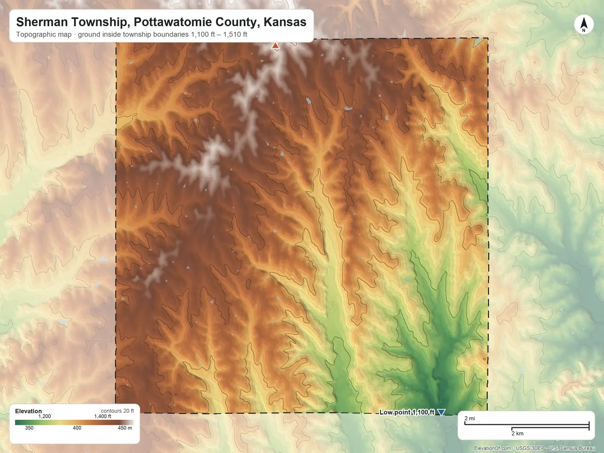 Topographic elevation map of Sherman Township, Pottawatomie County, Kansas, shaded from 1,100 ft on the southeast side to 1,510 ft on the north side