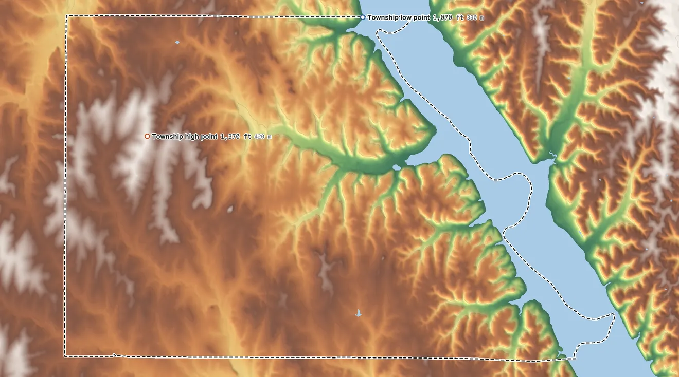 Topographic elevation map of Sherman Township, Riley County, Kansas, shaded from 1,070 ft on the north side to 1,370 ft on the west side