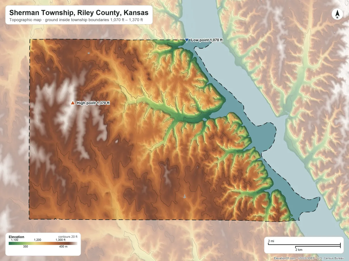 Topographic elevation map of Sherman Township, Riley County, Kansas, shaded from 1,070 ft on the north side to 1,370 ft on the west side