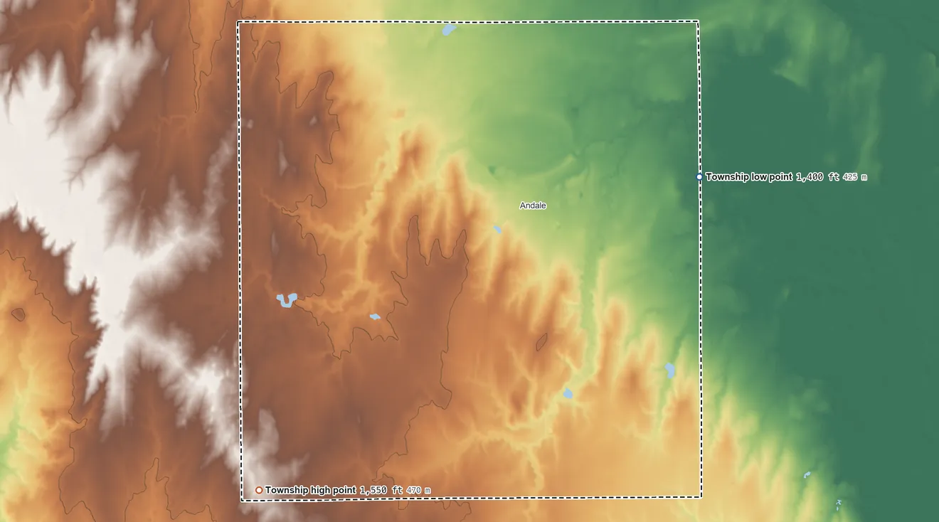 Topographic elevation map of Sherman Township, Sedgwick County, Kansas, shaded from 1,400 ft on the east side to 1,550 ft on the southwest side