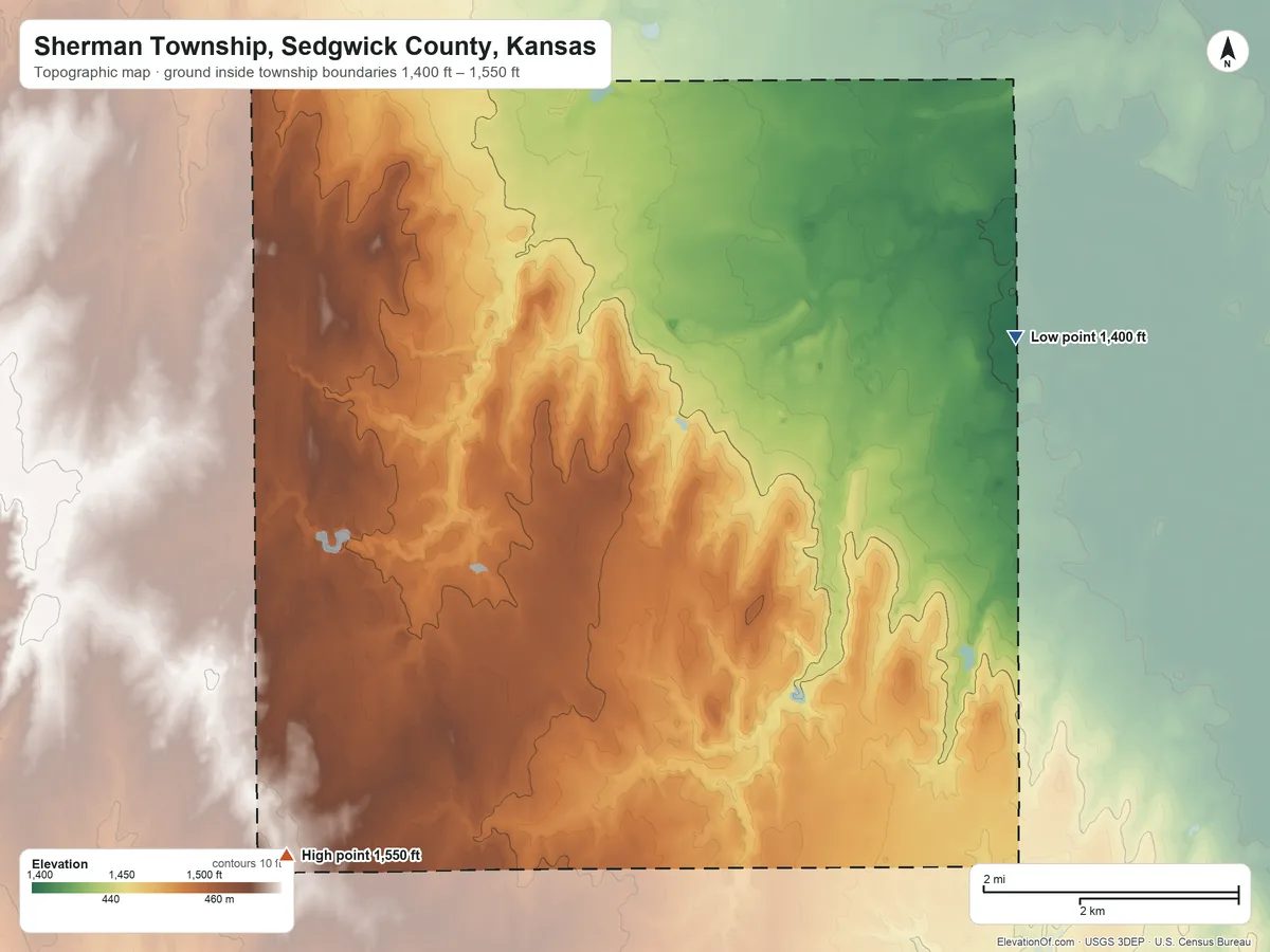 Topographic elevation map of Sherman Township, Sedgwick County, Kansas, shaded from 1,400 ft on the east side to 1,550 ft on the southwest side