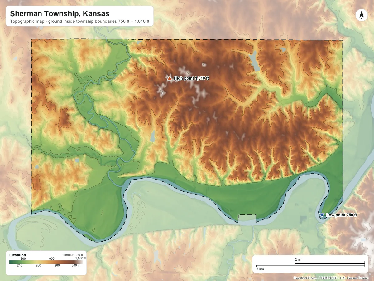 Topographic elevation map of Sherman Township, Kansas, shaded from 750 ft on the southeast side to 1,010 ft on the north side