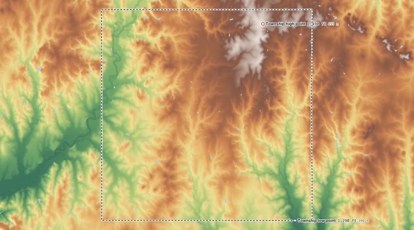 Topographic elevation map of Sherman Township, Washington County, Kansas, shaded from 1,290 ft on the southeast side to 1,490 ft on the northeast side