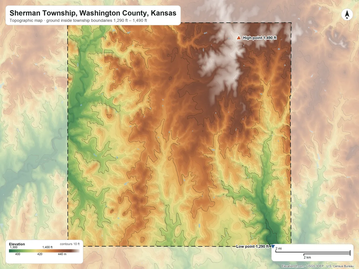 Topographic elevation map of Sherman Township, Washington County, Kansas, shaded from 1,290 ft on the southeast side to 1,490 ft on the northeast side