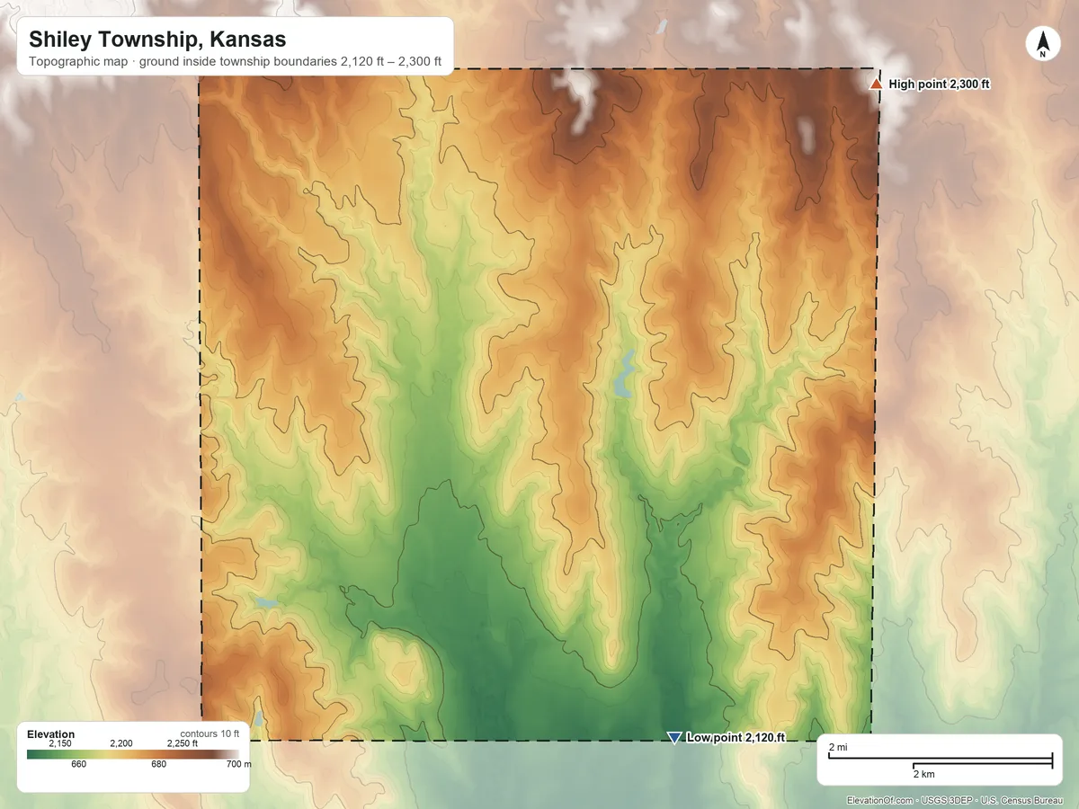 Topographic elevation map of Shiley Township, Kansas, shaded from 2,120 ft on the southeast side to 2,300 ft on the northeast side
