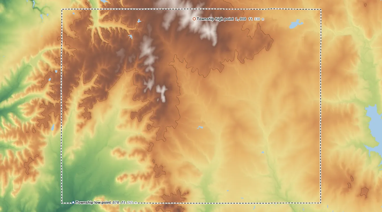 Topographic elevation map of Shiloh Township, Kansas, shaded from 870 ft on the southwest side to 1,080 ft on the north side