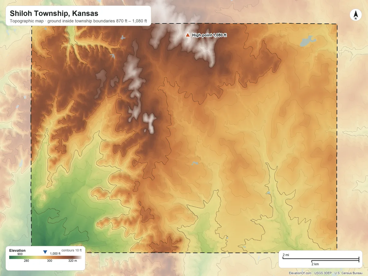 Topographic elevation map of Shiloh Township, Kansas, shaded from 870 ft on the southwest side to 1,080 ft on the north side