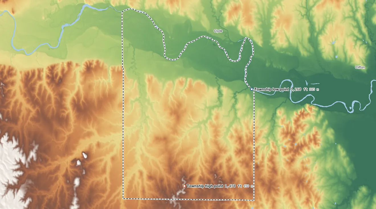Topographic elevation map of Shirley Township, Kansas, shaded from 1,260 ft on the east side to 1,470 ft on the south side