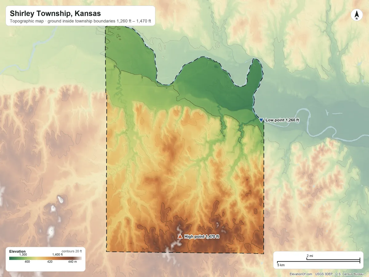 Topographic elevation map of Shirley Township, Kansas, shaded from 1,260 ft on the east side to 1,470 ft on the south side