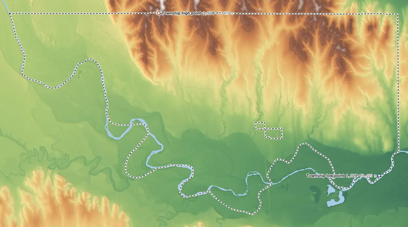 Topographic elevation map of Sibley Township, Kansas, shaded from 1,320 ft on the southeast side to 1,570 ft on the northwest side