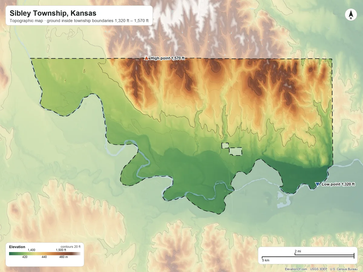 Topographic elevation map of Sibley Township, Kansas, shaded from 1,320 ft on the southeast side to 1,570 ft on the northwest side