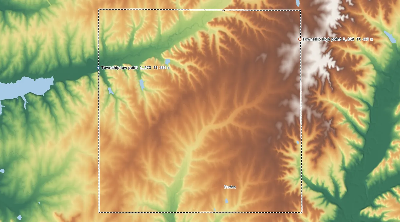 Topographic elevation map of Silver Creek Township, Kansas, shaded from 1,270 ft on the northwest side to 1,460 ft on the northeast side