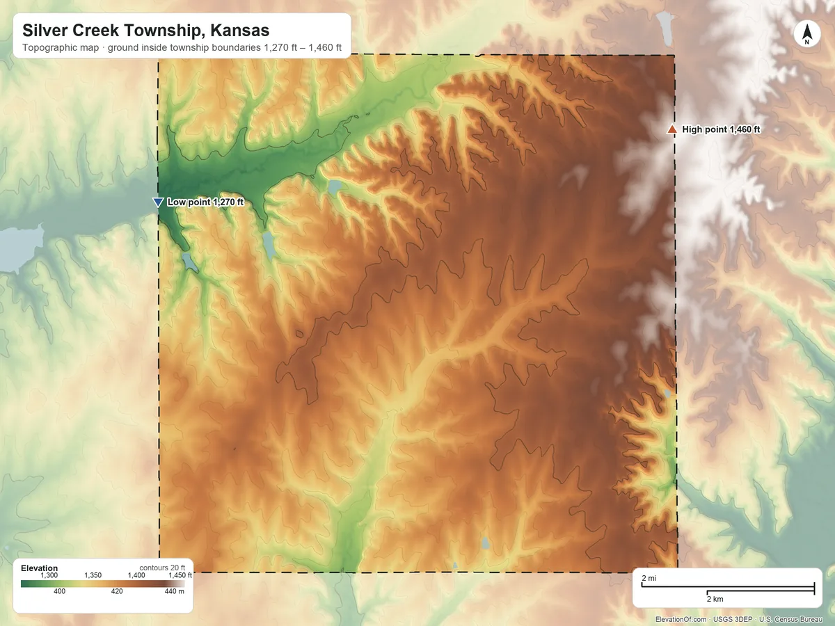 Topographic elevation map of Silver Creek Township, Kansas, shaded from 1,270 ft on the northwest side to 1,460 ft on the northeast side