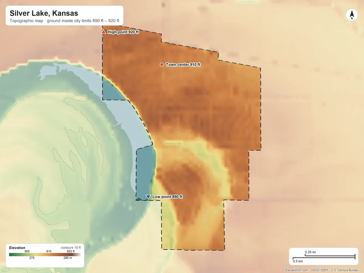 Topographic elevation map of Silver Lake, Kansas, shaded from 890 ft on the south side to 920 ft on the northwest side