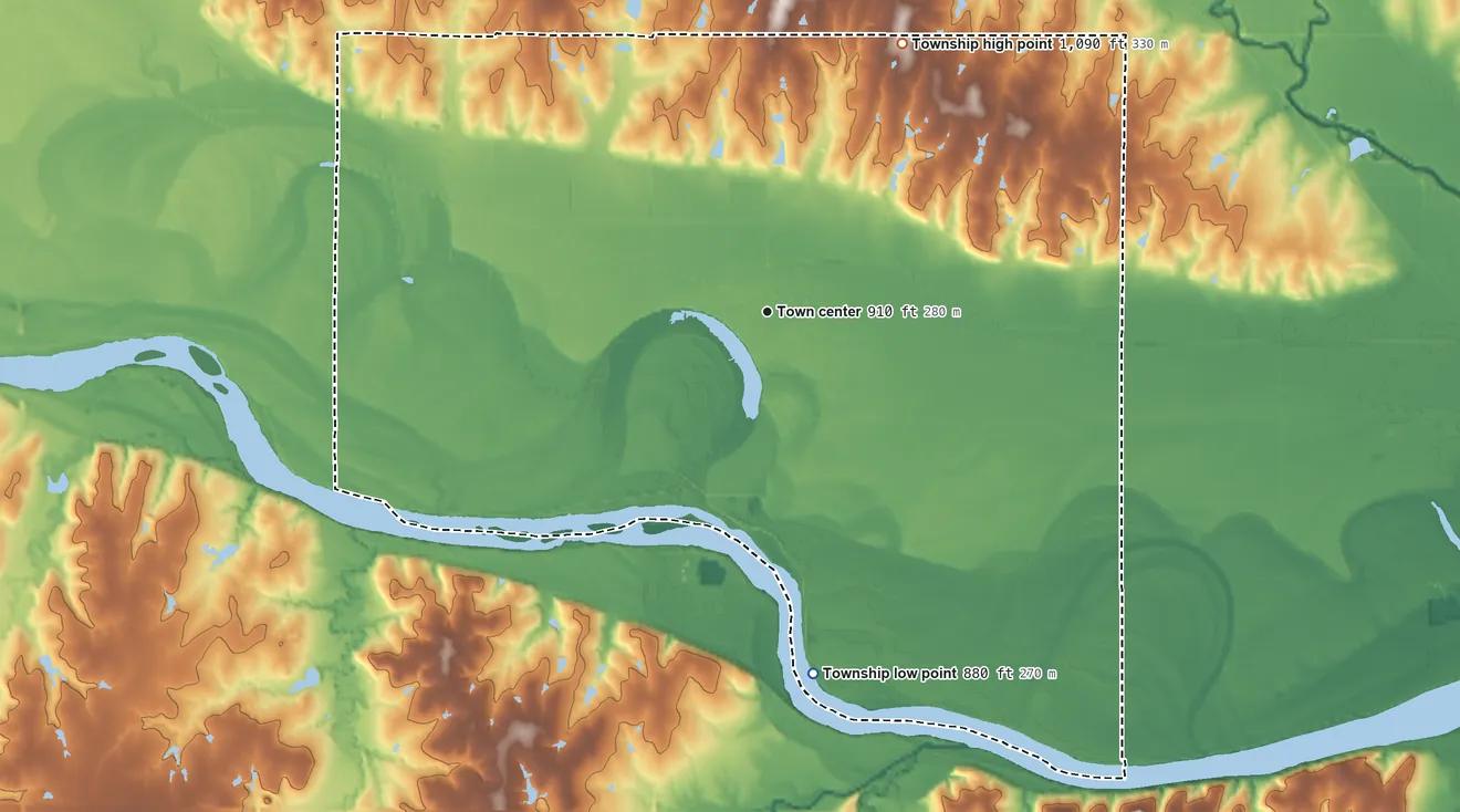 Topographic elevation map of Silver Lake Township, Kansas, shaded from 880 ft on the south side to 1,090 ft on the northeast side