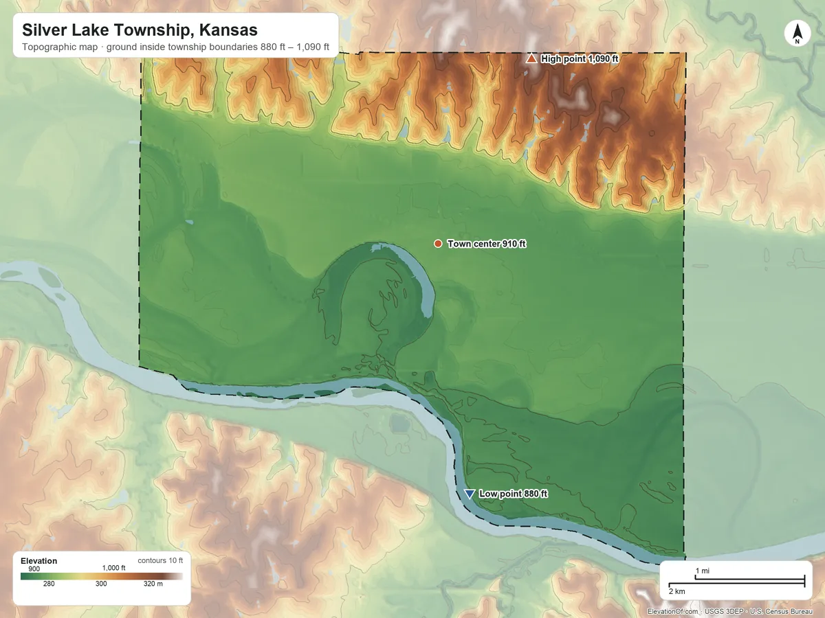 Topographic elevation map of Silver Lake Township, Kansas, shaded from 880 ft on the south side to 1,090 ft on the northeast side
