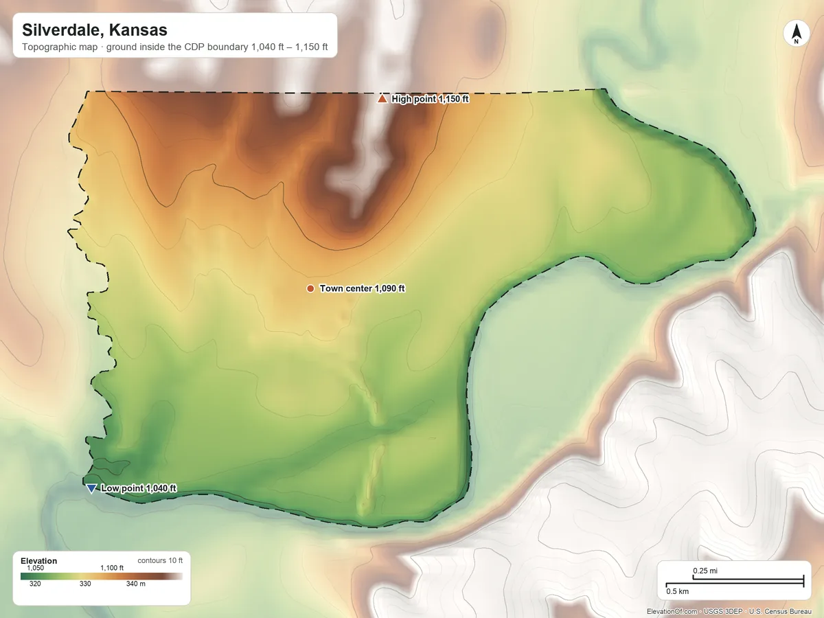 Topographic elevation map of Silverdale, Kansas, shaded from 1,040 ft on the southwest side to 1,150 ft on the north side