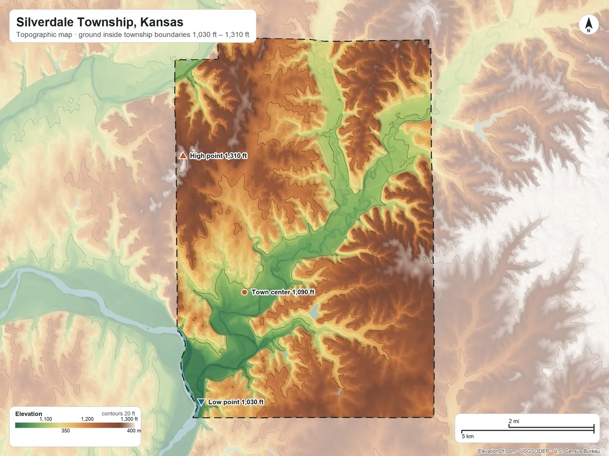 Topographic elevation map of Silverdale Township, Kansas, shaded from 1,030 ft on the south side to 1,310 ft on the northwest side