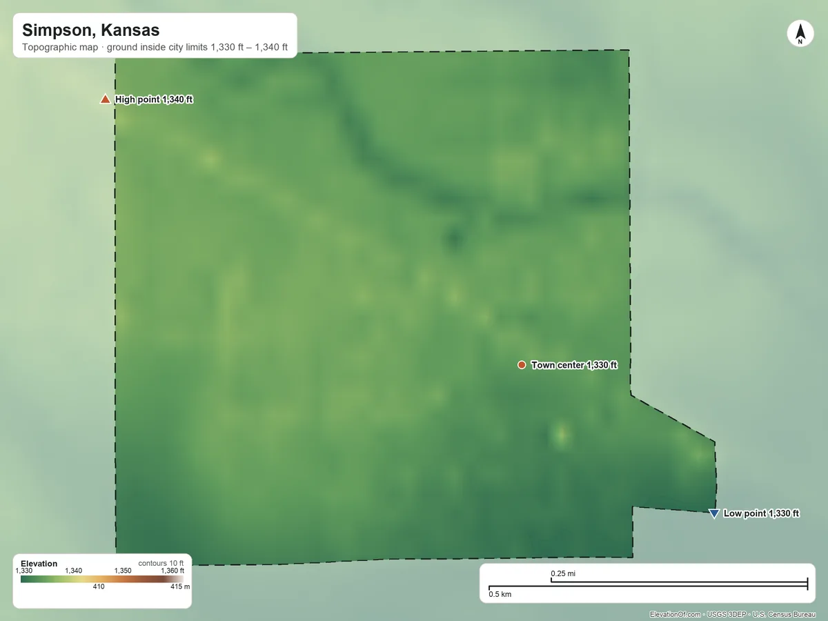 Topographic elevation map of Simpson, Kansas, shaded from 1,330 ft on the southeast side to 1,340 ft on the northwest side