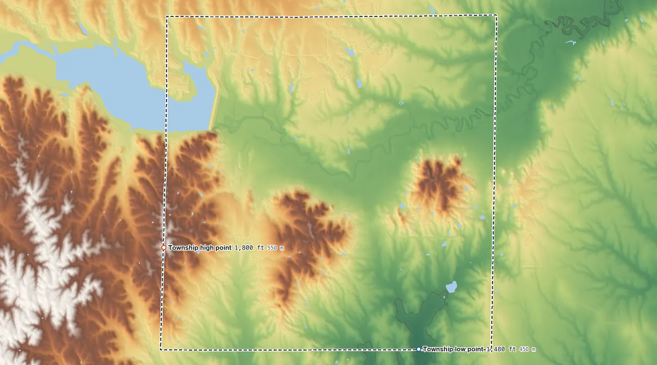 Topographic elevation map of Sinclair Township, Kansas, shaded from 1,480 ft on the south side to 1,800 ft on the southwest side