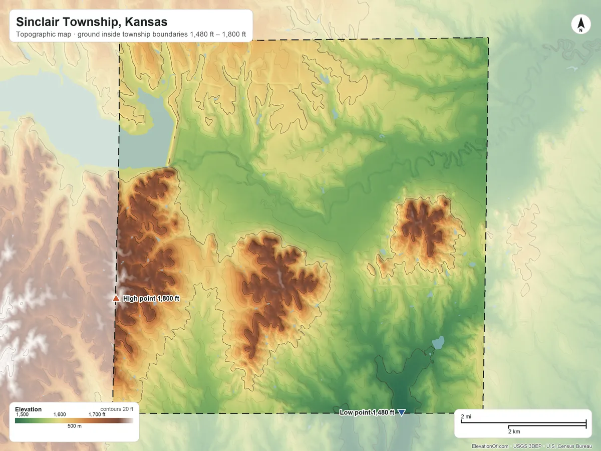 Topographic elevation map of Sinclair Township, Kansas, shaded from 1,480 ft on the south side to 1,800 ft on the southwest side