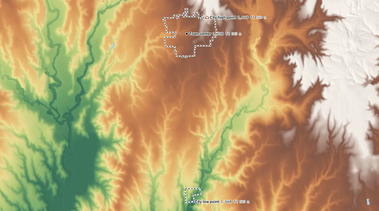 Topographic elevation map of Smith Center, Kansas, shaded from 1,660 ft on the south side to 1,840 ft on the northeast side