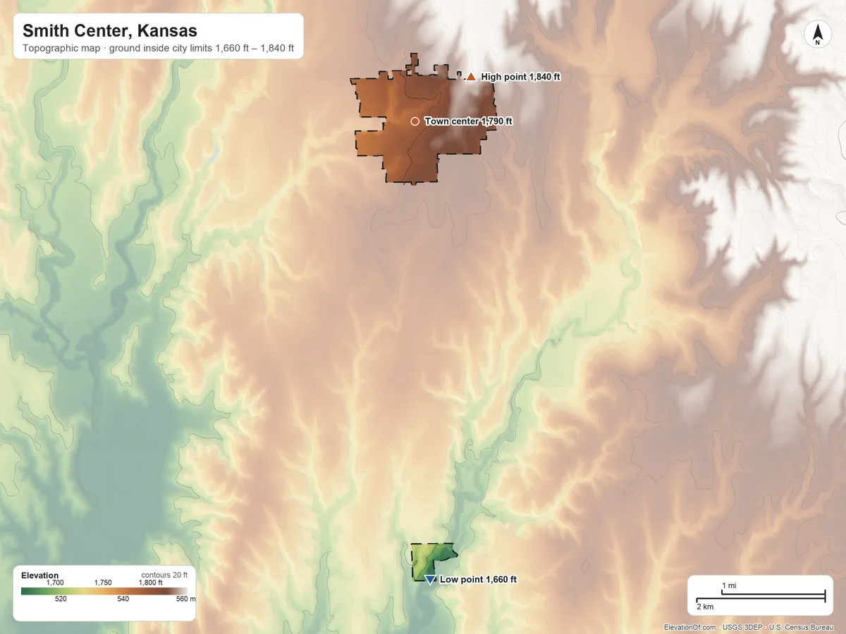 Topographic elevation map of Smith Center, Kansas, shaded from 1,660 ft on the south side to 1,840 ft on the northeast side