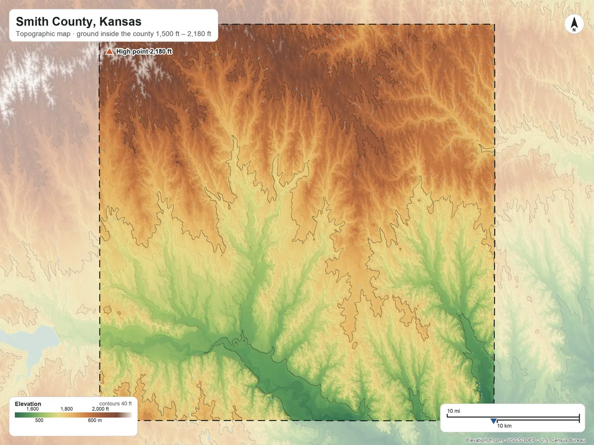 Topographic elevation map of Smith County, Kansas, shaded from 1,500 ft on the southeast side to 2,180 ft on the northwest side