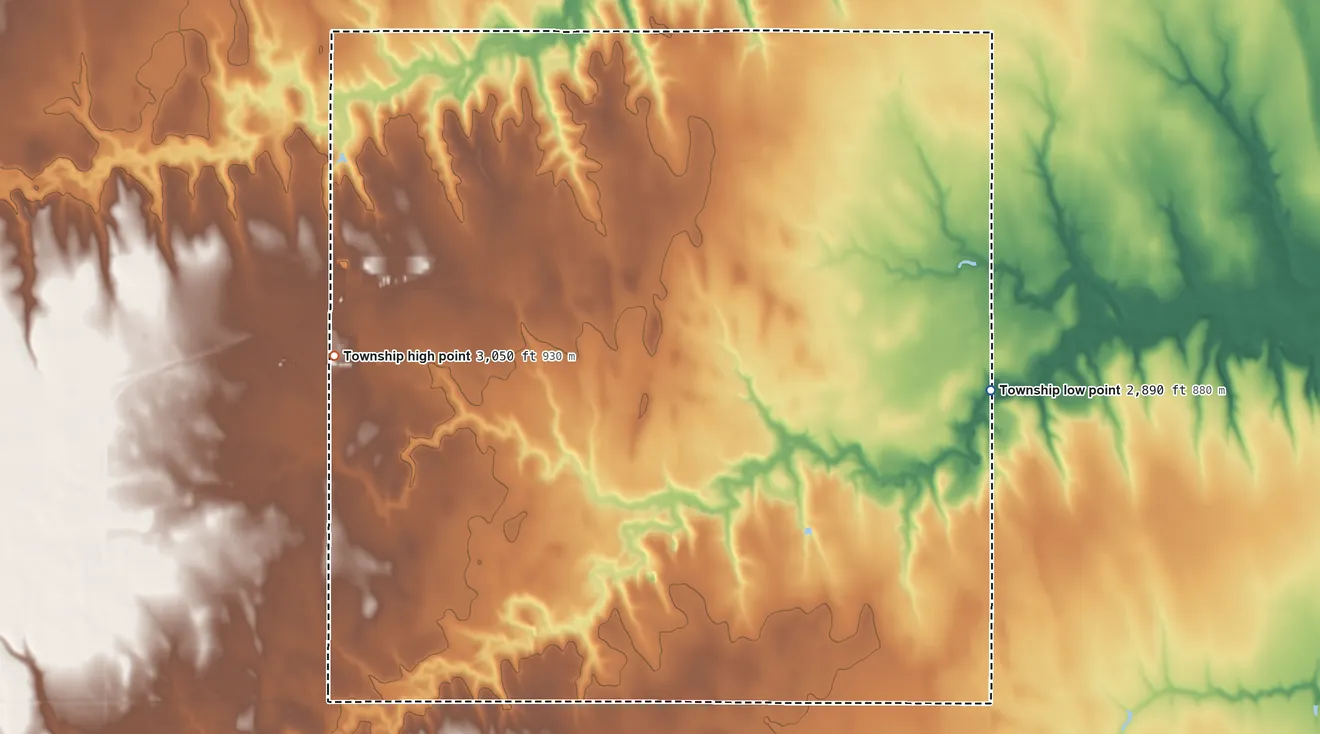Topographic elevation map of Smith Township, Kansas, shaded from 2,890 ft on the southeast side to 3,050 ft on the west side