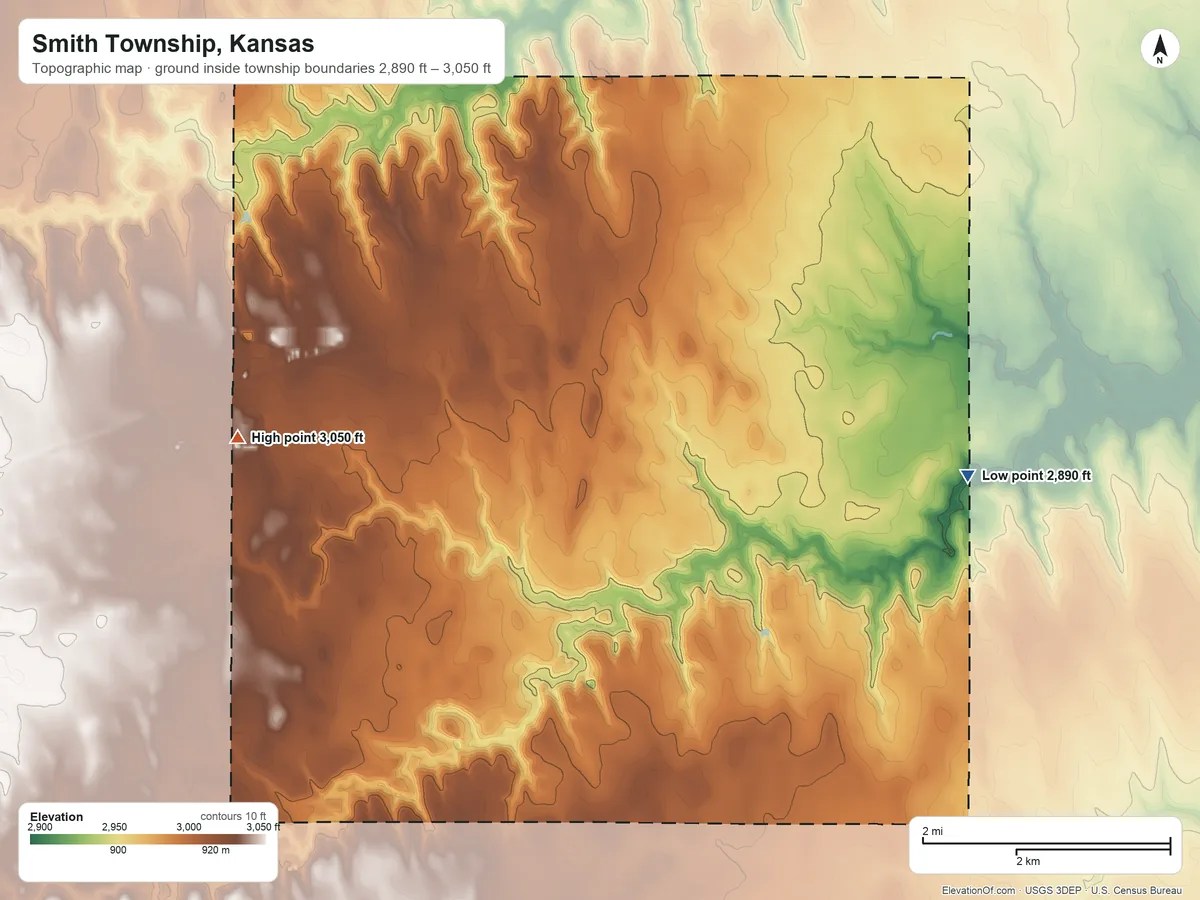 Topographic elevation map of Smith Township, Kansas, shaded from 2,890 ft on the southeast side to 3,050 ft on the west side