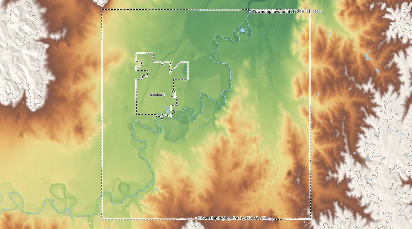 Topographic elevation map of Smoky Hill Township, McPherson County, Kansas, shaded from 1,290 ft on the north side to 1,470 ft on the south side