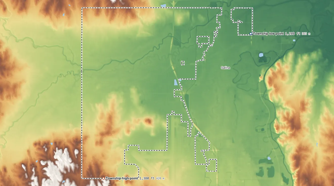 Topographic elevation map of Smoky Hill Township, Saline County, Kansas, shaded from 1,200 ft on the east side to 1,380 ft on the southwest side