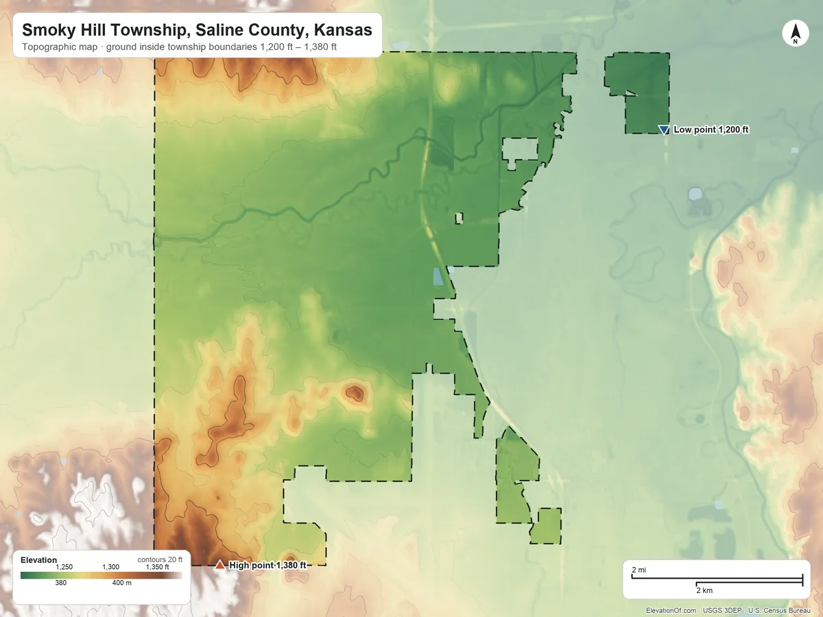 Topographic elevation map of Smoky Hill Township, Saline County, Kansas, shaded from 1,200 ft on the east side to 1,380 ft on the southwest side
