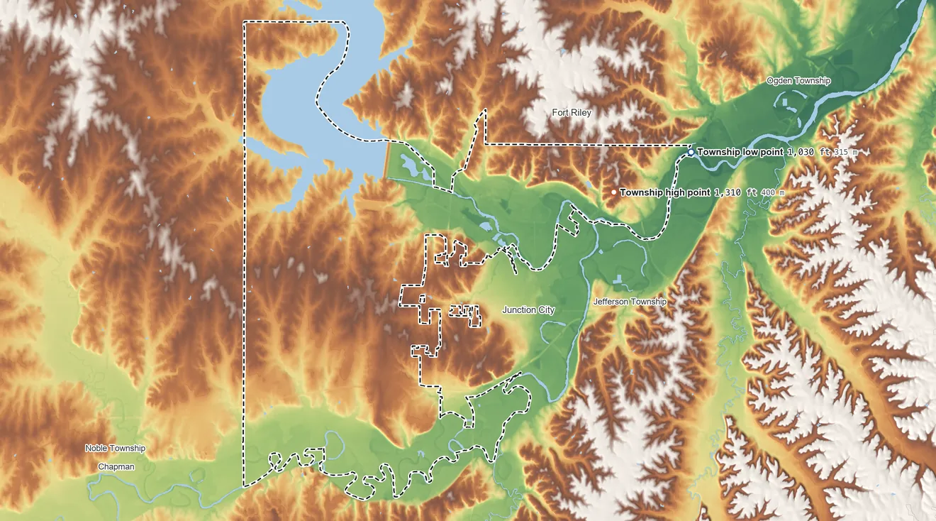 Topographic elevation map of Smoky Hill Township, Kansas, shaded from 1,030 ft on the east side to 1,310 ft on the east side