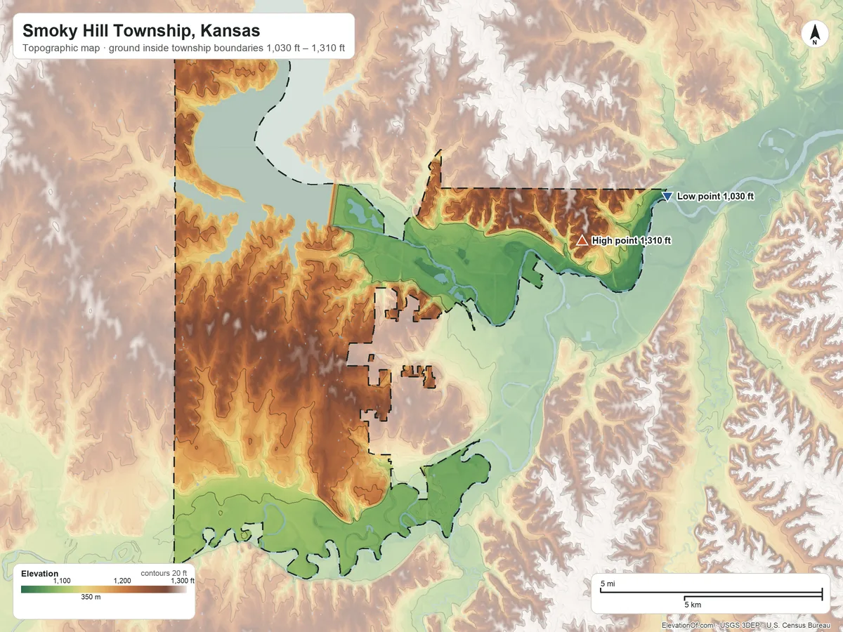 Topographic elevation map of Smoky Hill Township, Kansas, shaded from 1,030 ft on the east side to 1,310 ft on the east side