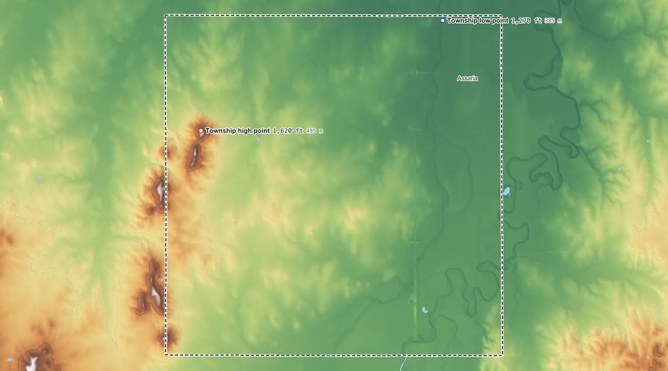 Topographic elevation map of Smoky View Township, Kansas, shaded from 1,270 ft on the north side to 1,620 ft on the west side