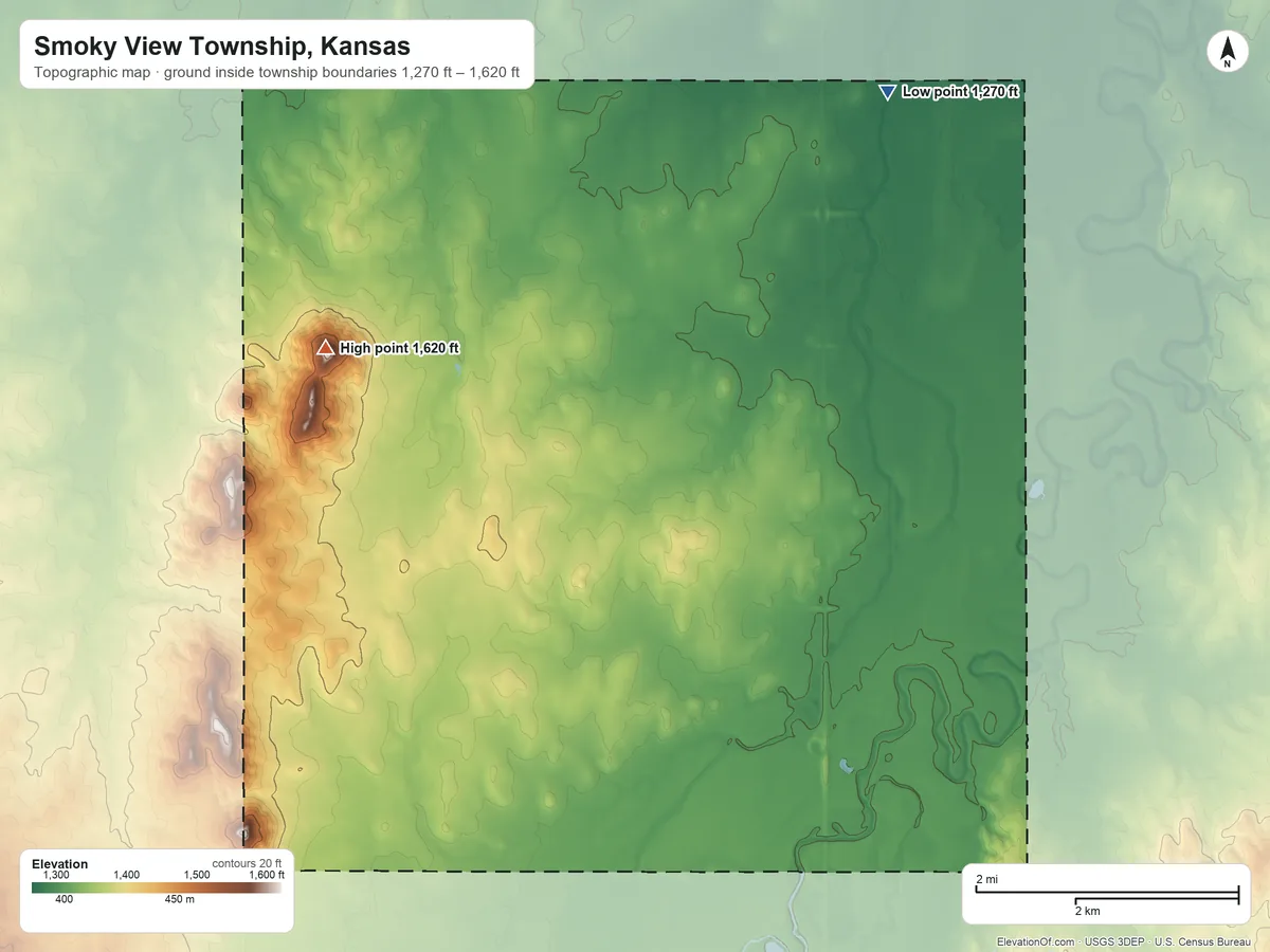 Topographic elevation map of Smoky View Township, Kansas, shaded from 1,270 ft on the north side to 1,620 ft on the west side