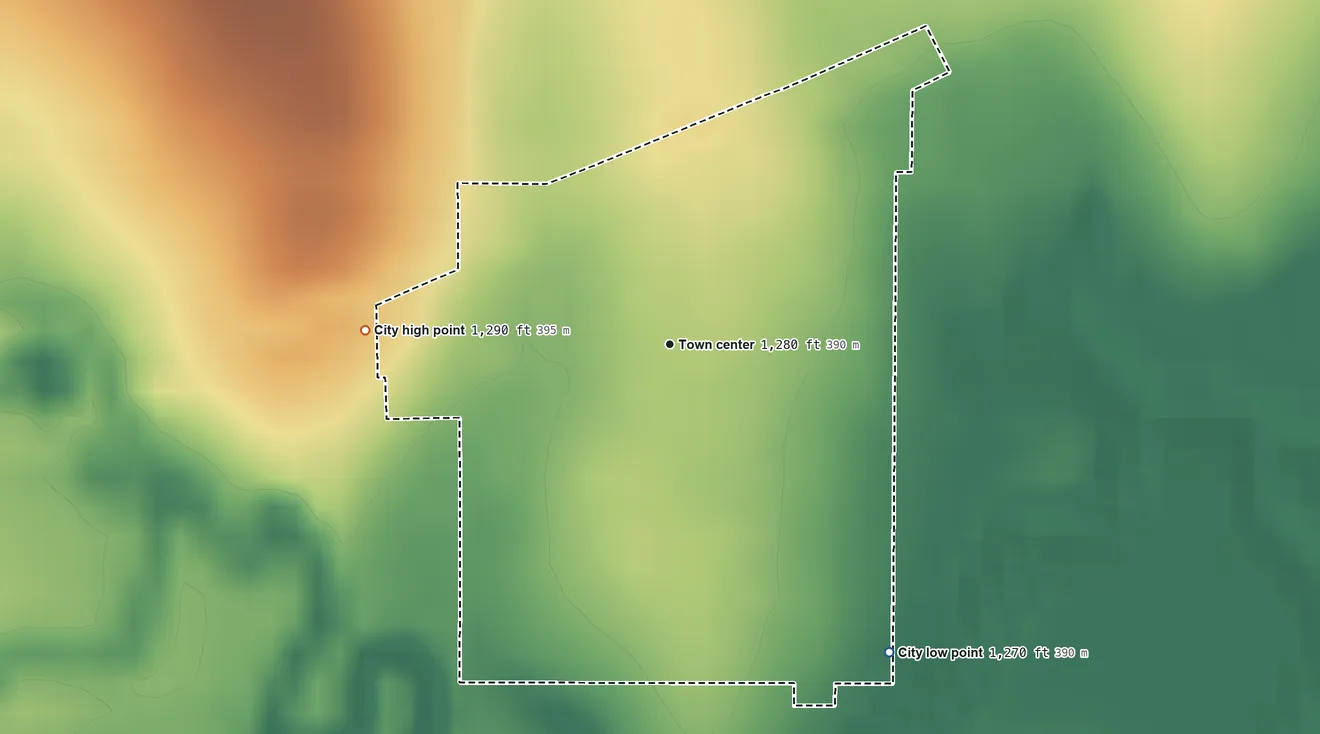 Topographic elevation map of Smolan, Kansas, shaded from 1,270 ft on the southeast side to 1,290 ft on the west side
