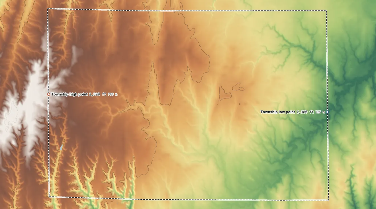 Topographic elevation map of Sodville Township, Kansas, shaded from 2,380 ft on the east side to 2,590 ft on the west side