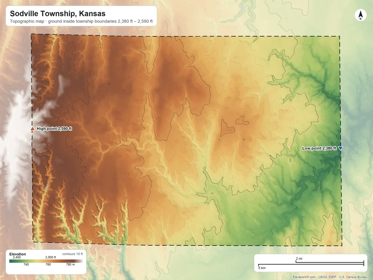 Topographic elevation map of Sodville Township, Kansas, shaded from 2,380 ft on the east side to 2,590 ft on the west side
