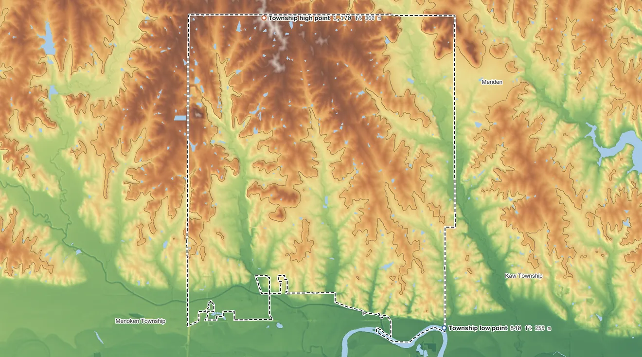 Topographic elevation map of Soldier Township, Kansas, shaded from 840 ft on the southeast side to 1,170 ft on the north side