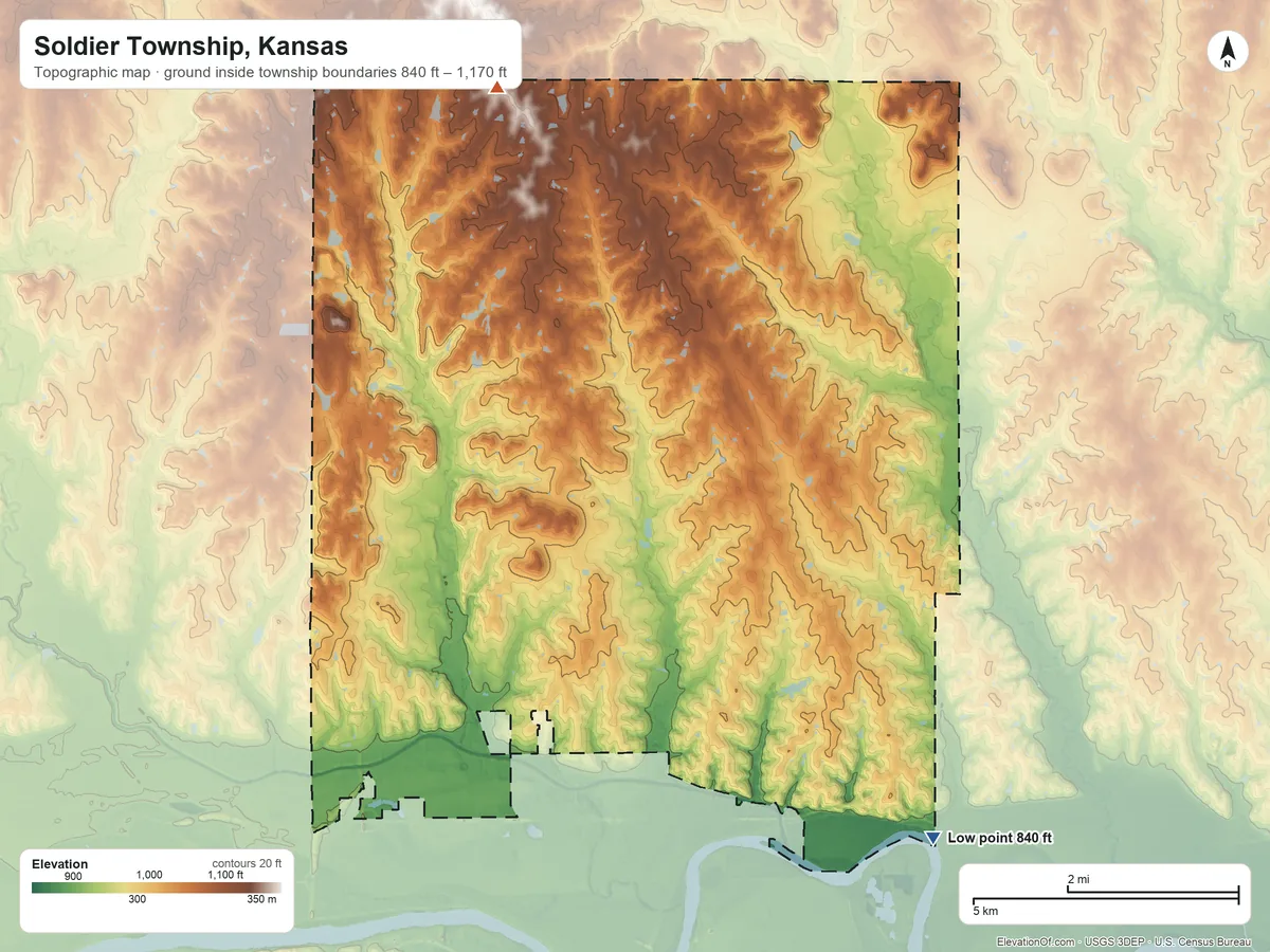 Topographic elevation map of Soldier Township, Kansas, shaded from 840 ft on the southeast side to 1,170 ft on the north side