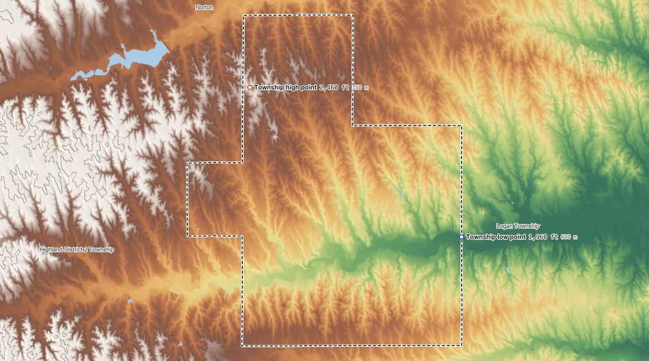 Topographic elevation map of Solomon-District 3 Township, Kansas, shaded from 1,960 ft on the east side to 2,460 ft on the northwest side