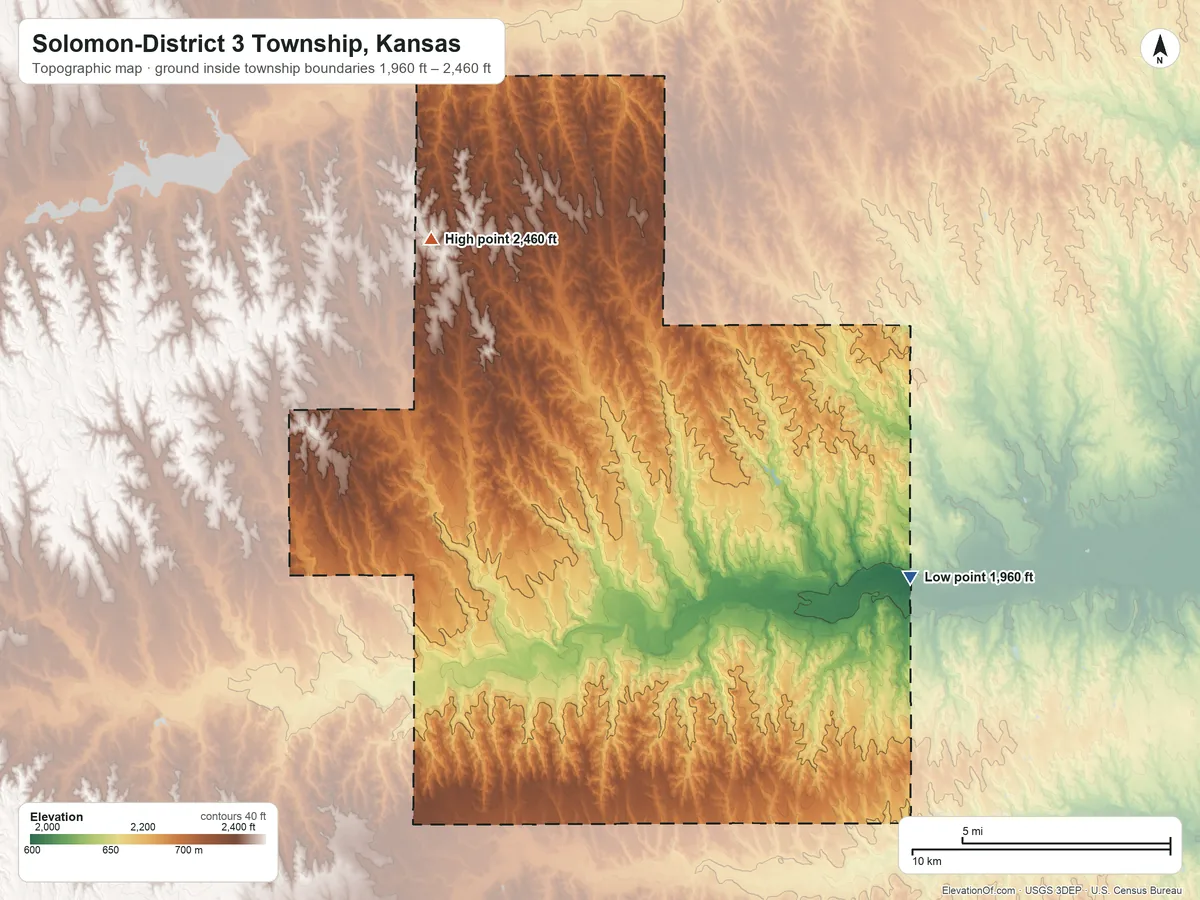 Topographic elevation map of Solomon-District 3 Township, Kansas, shaded from 1,960 ft on the east side to 2,460 ft on the northwest side