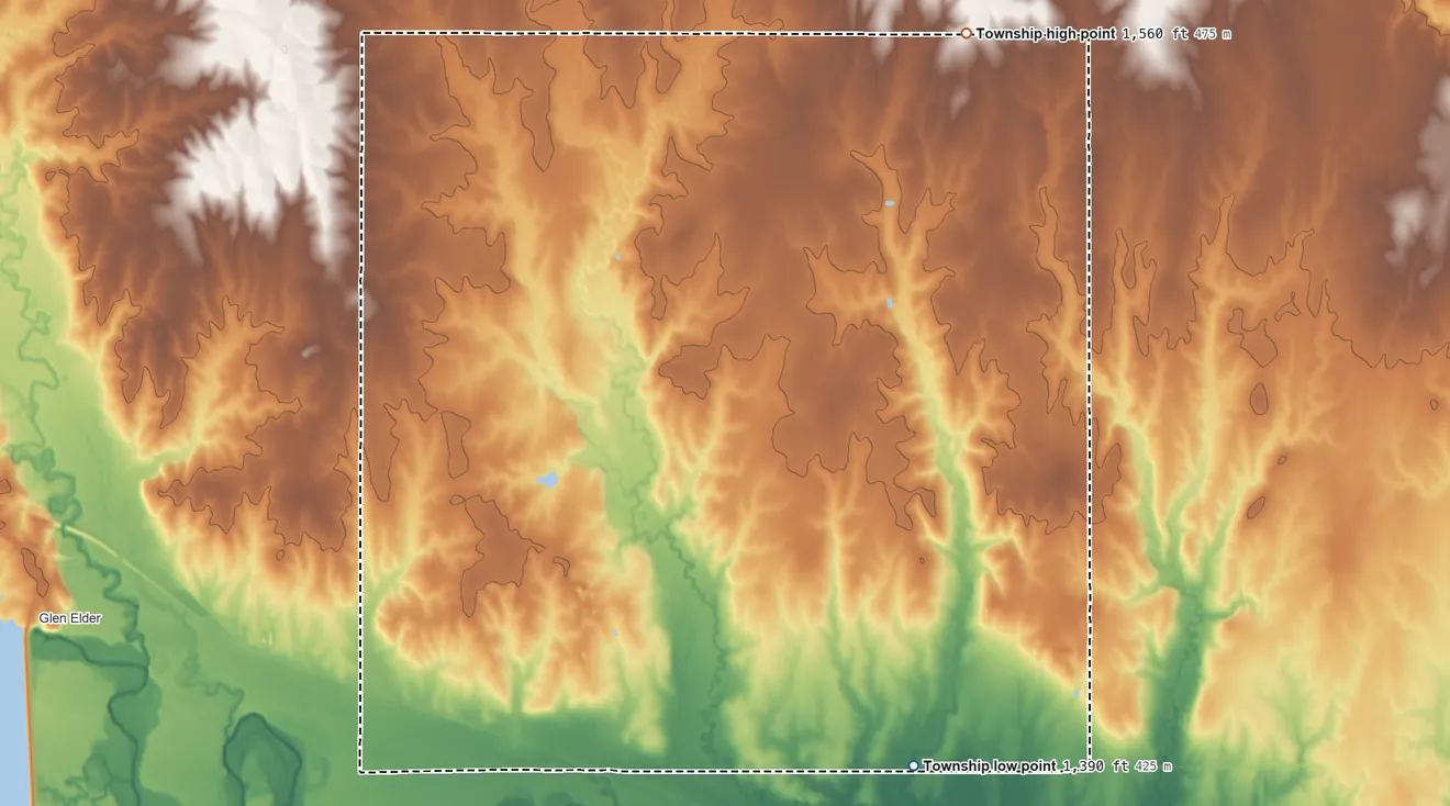 Topographic elevation map of Solomon Rapids Township, Kansas, shaded from 1,390 ft on the southeast side to 1,560 ft on the northeast side