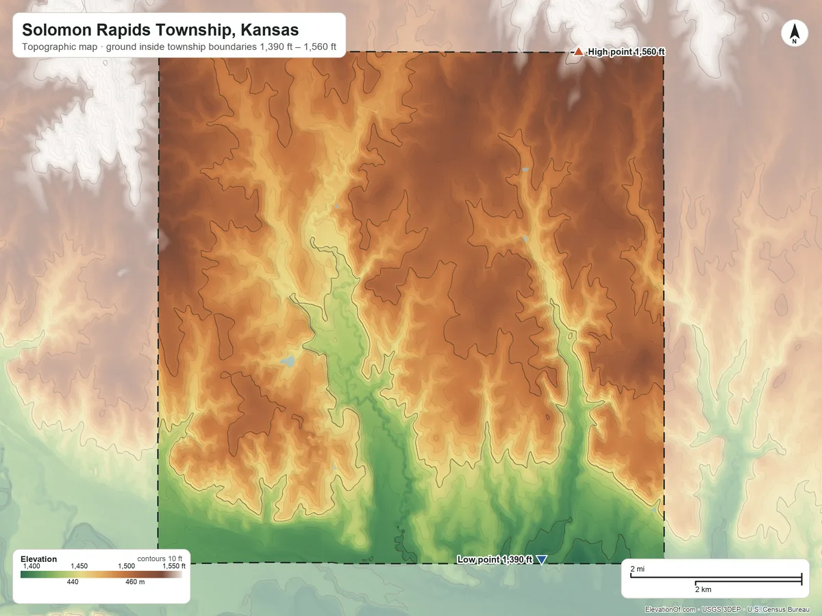 Topographic elevation map of Solomon Rapids Township, Kansas, shaded from 1,390 ft on the southeast side to 1,560 ft on the northeast side