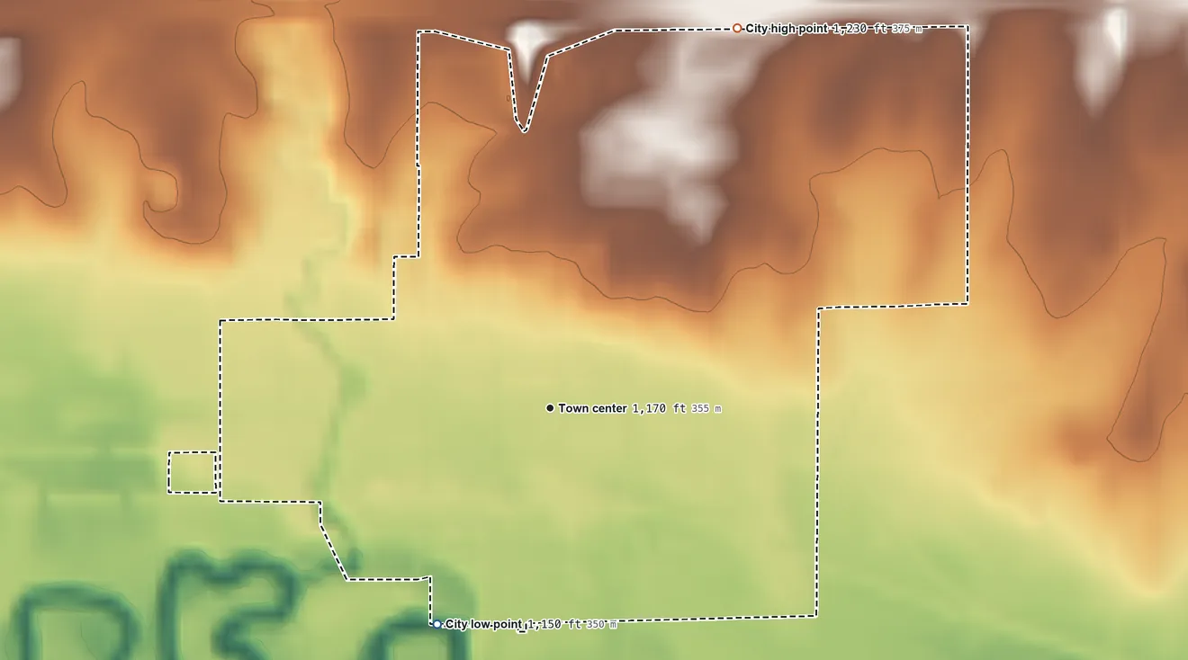 Topographic elevation map of Solomon, Kansas, shaded from 1,150 ft on the southwest side to 1,230 ft on the northeast side
